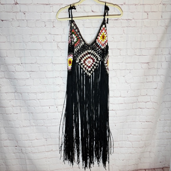 Handmade Black Crochet Fringe swim cover-up Dress with Multicolor Accents - Picture 3 of 3